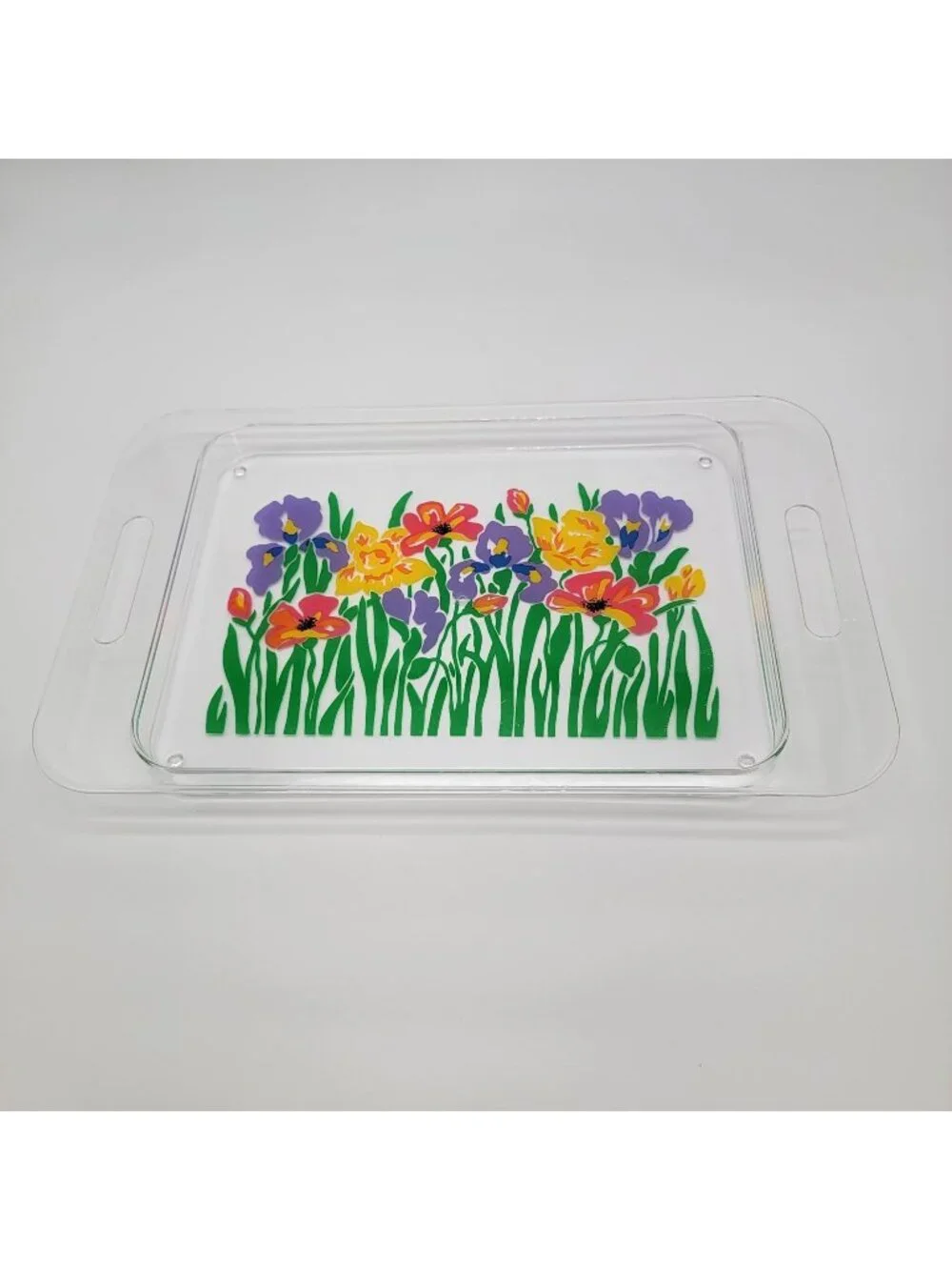 Vintage Acrylic Floral Serving Tray With Handles Colorful Flower Design